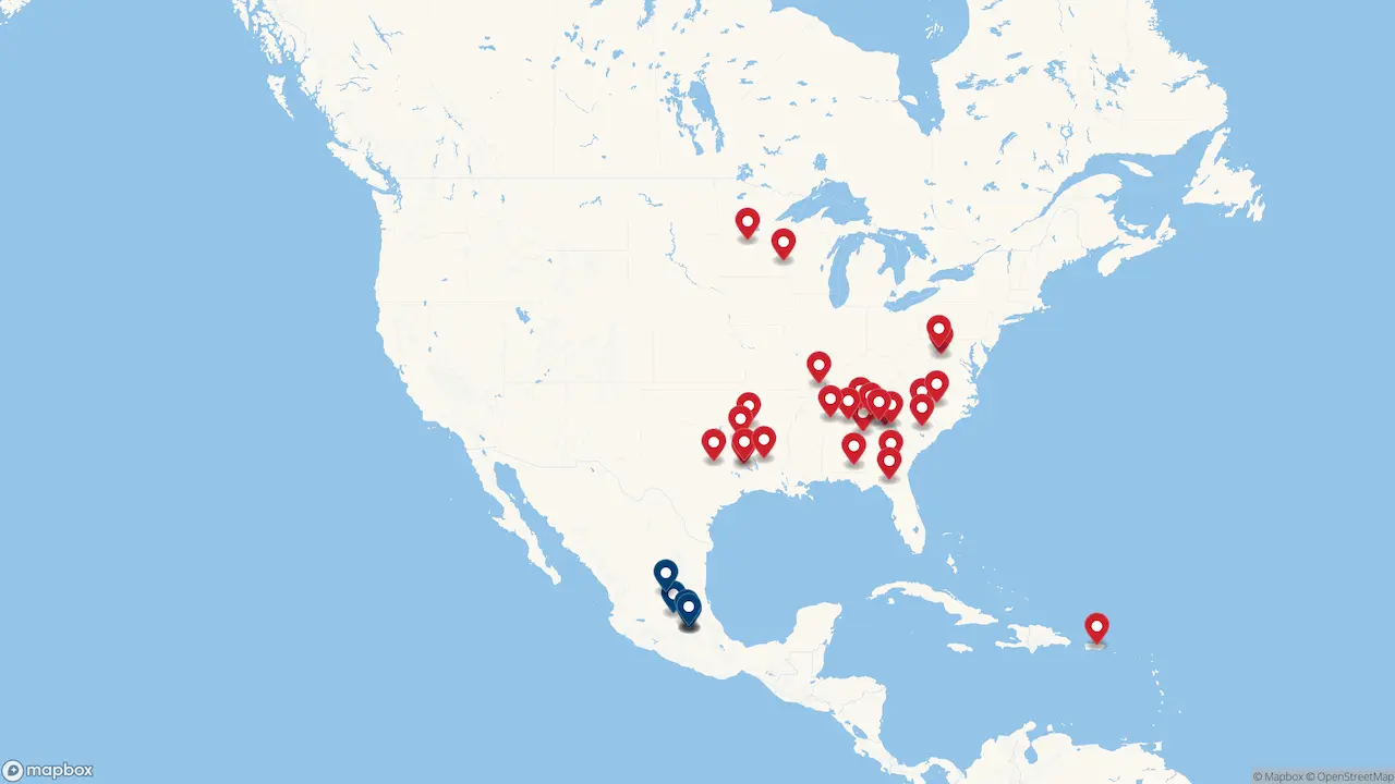 A map of Pilgrim's North America locations