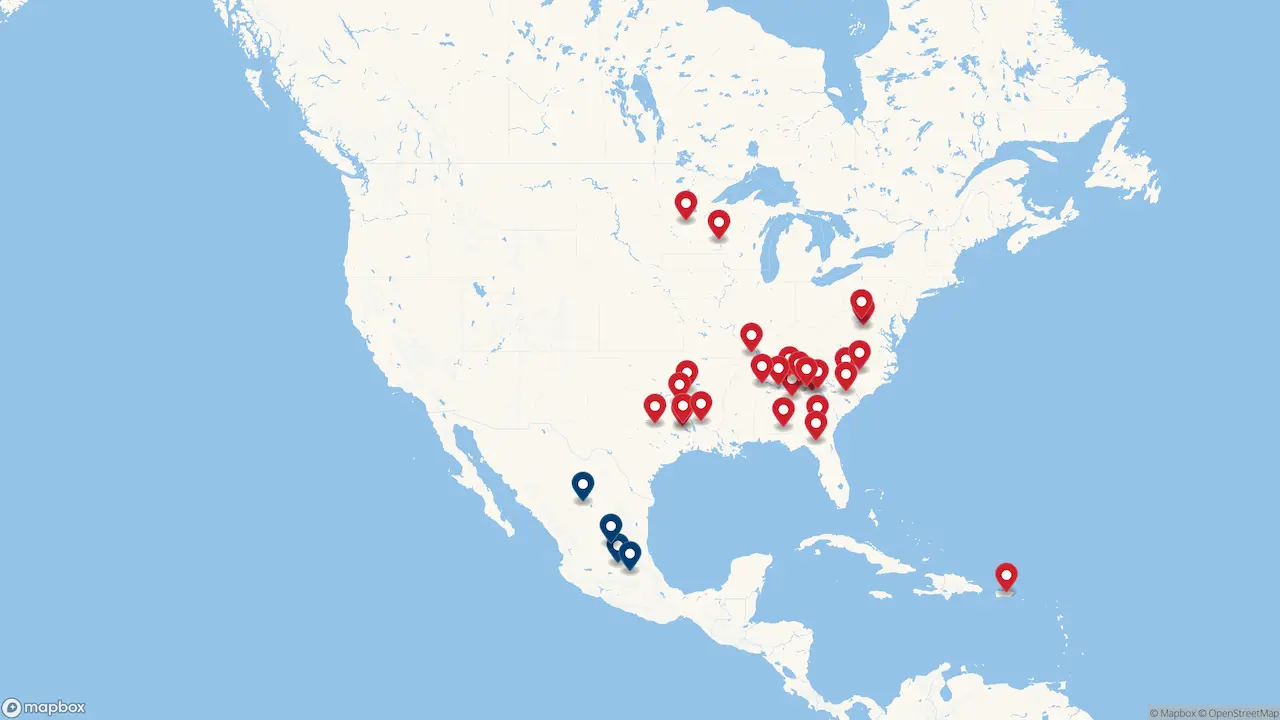 A map of Pilgrim's North America locations