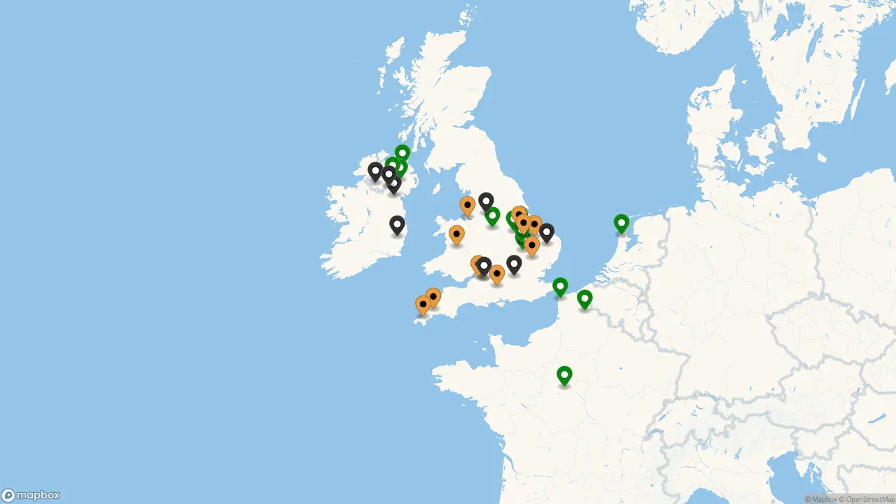 A map of Pilgrim's Europe locations